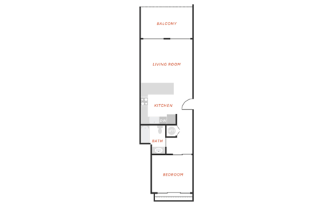 Floor plan for 1 bed, 1 bath, 735 sqft